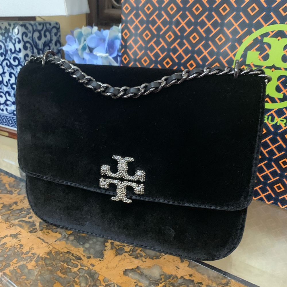 Tory Burch Britten Black Velvet Shoulder Bag